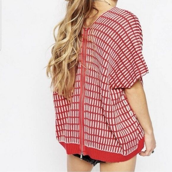 Free People Oversized Sweater Womens XS Red White Knit Zipper Boho Preppy Poncho - Picture 1 of 11
